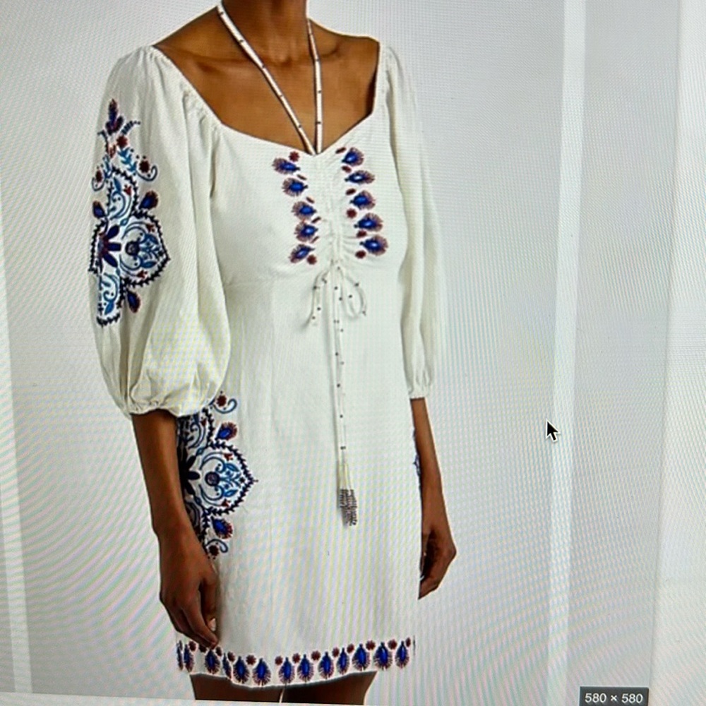 Farm Rio - linen blend embroidered minidress. Off white navy embroidery